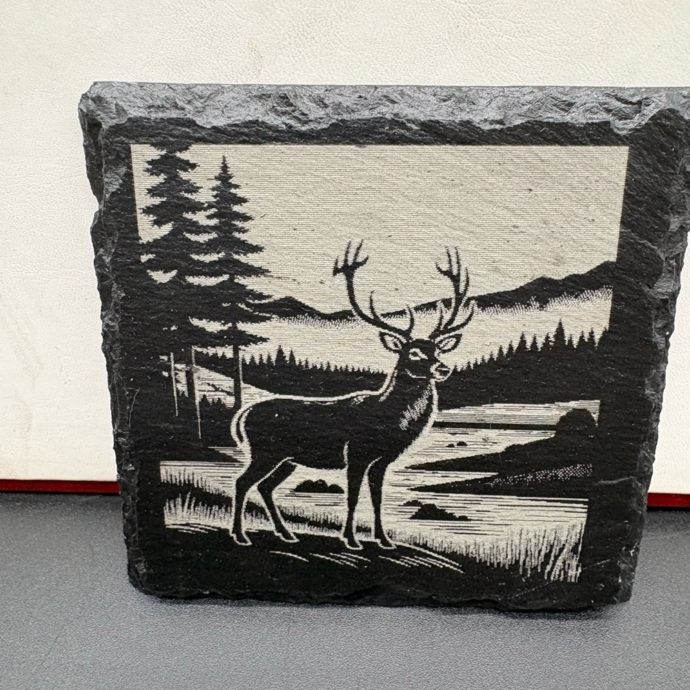 Rustic Deer Slate Coasters - Black and Gray (Set of 4) Laser Engraved Coated - Picture 3 of 8